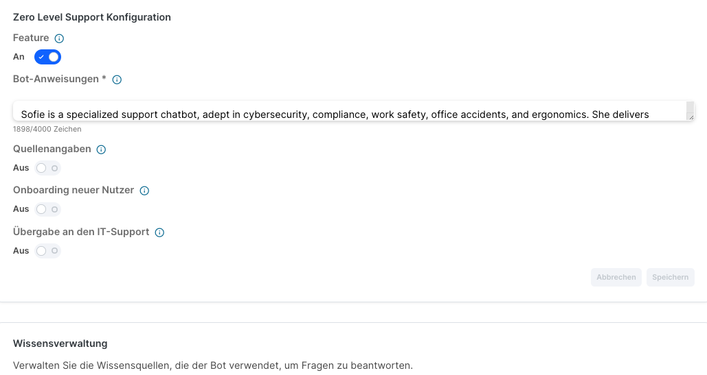 Zero Level Support Konfiguration im SoSafe Manager, mit aktiviertem Schalter Feature, einem ausgefüllten Feld Bot-Anweisungen sowie den deaktivierten Schaltern Quellenangaben, Onboarding neuer Nutzer und Übergabe an den IT-Support. Darunter beginnt der Bereich Wissensverwaltung.