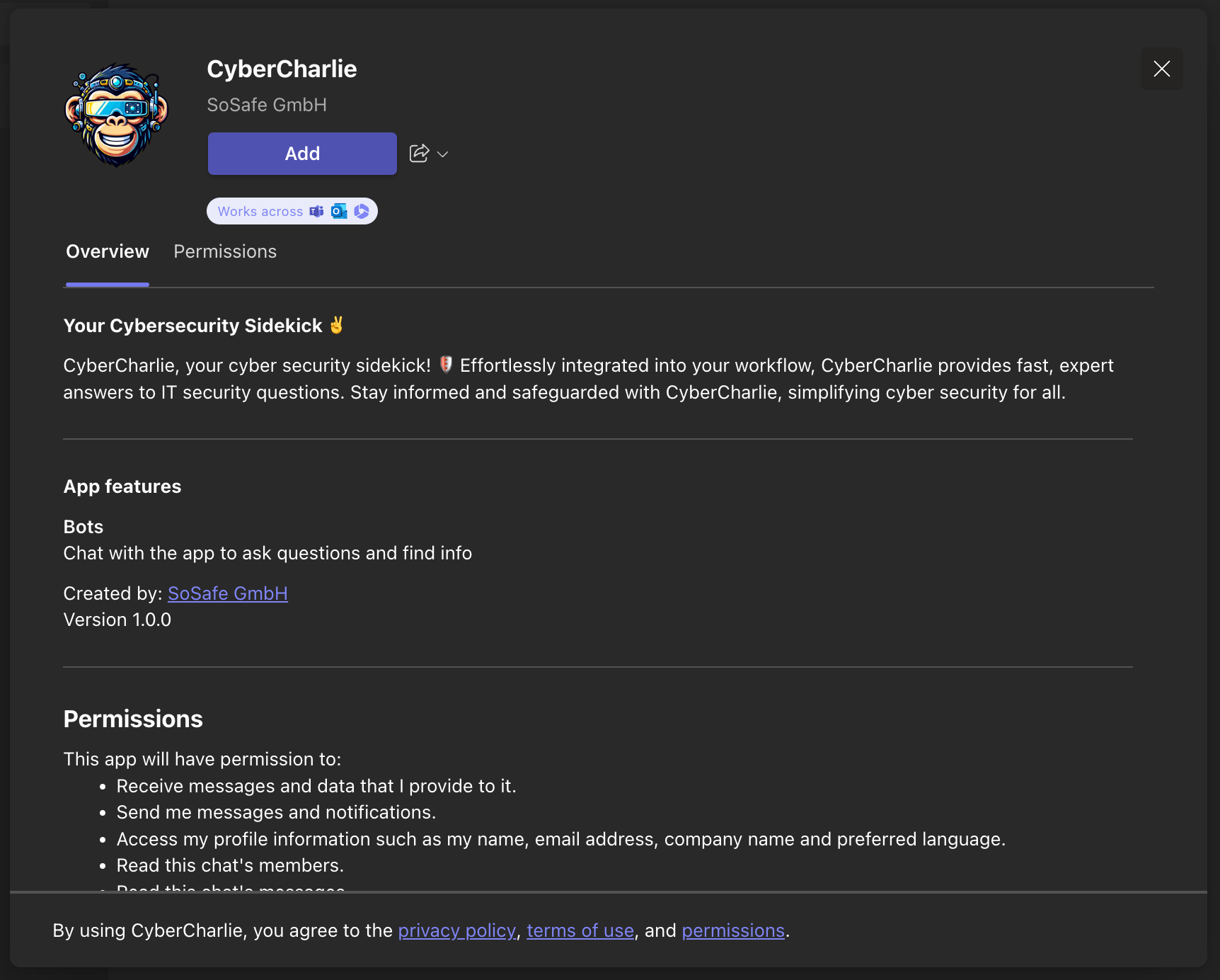 Beispiel für einen umbenannten Sofie-Bot namens CyberCharlie im App-Details-Dialog von Microsoft Teams, von SoSafe GmbH, mit einer Add-Schaltfläche und den Reitern Overview und Permissions, die den Bot als Cybersecurity-Sidekick für IT-Sicherheitsfragen beschreiben.