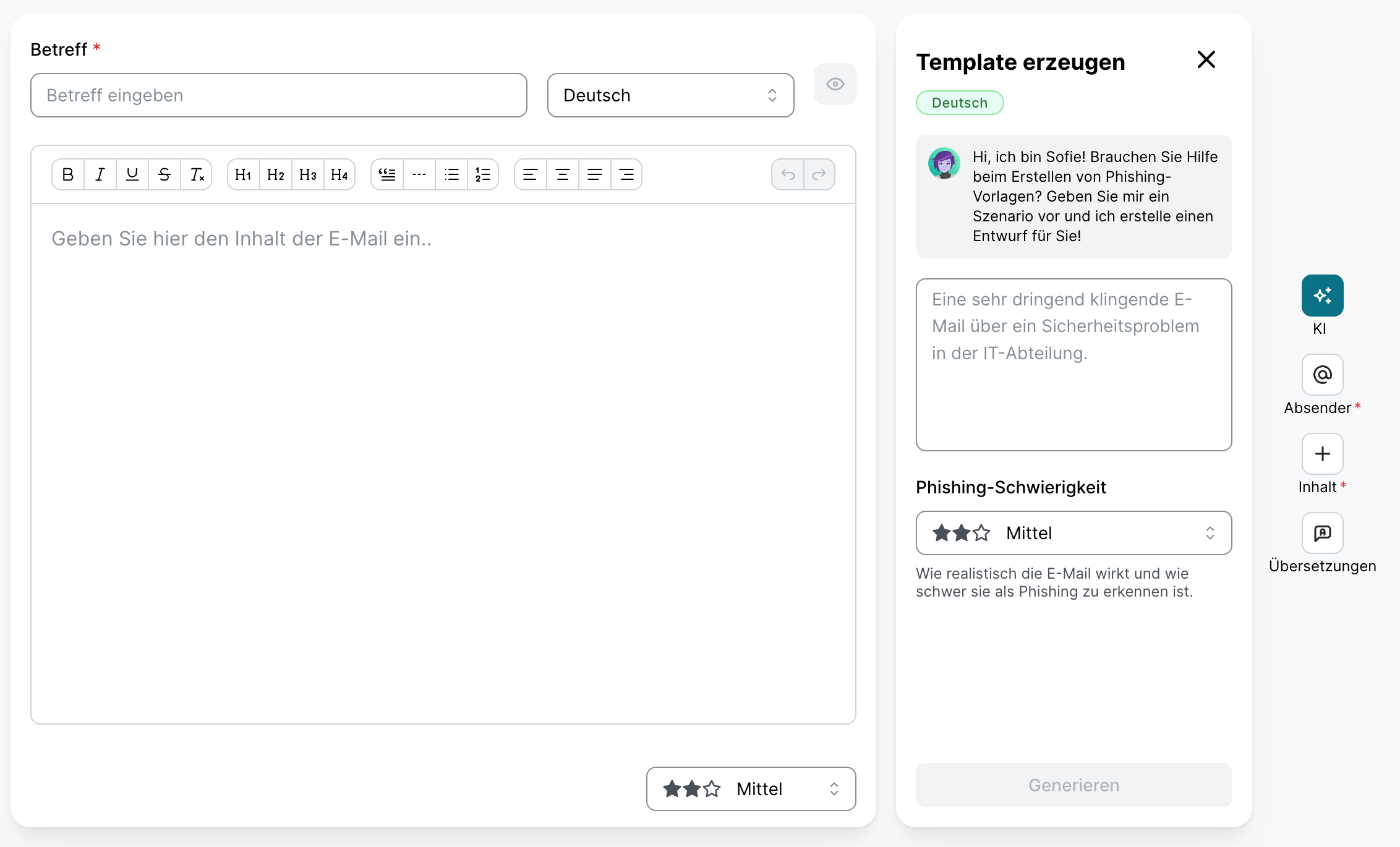 Template-Editor im Template Studio mit leerem Betreff-Feld und Sprachauswahl Deutsch. Im Bereich Template erzeugen ist das Sofie-Prompt-Feld noch leer, die Phishing-Schwierigkeit ist auf Mittel eingestellt und die Schaltfläche Generieren ist inaktiv.