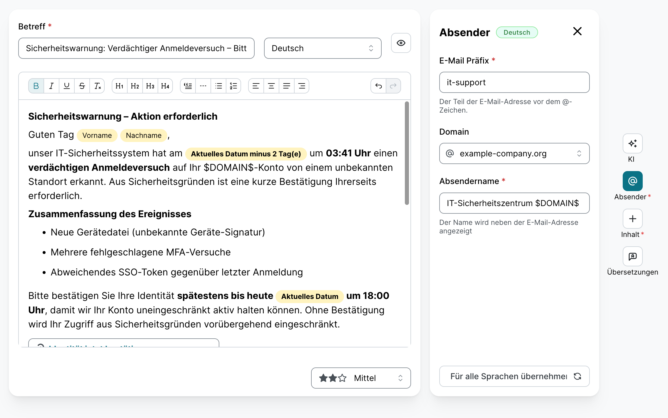 Template-Editor mit generiertem E-Mail-Text zu einer Sicherheitswarnung, rechts das geöffnete Absender-Menü mit dem E-Mail-Präfix it-support, der Domain example-company.org und dem Absendernamen IT-Sicherheitszentrum mit eingefügtem Domain-Platzhalter.