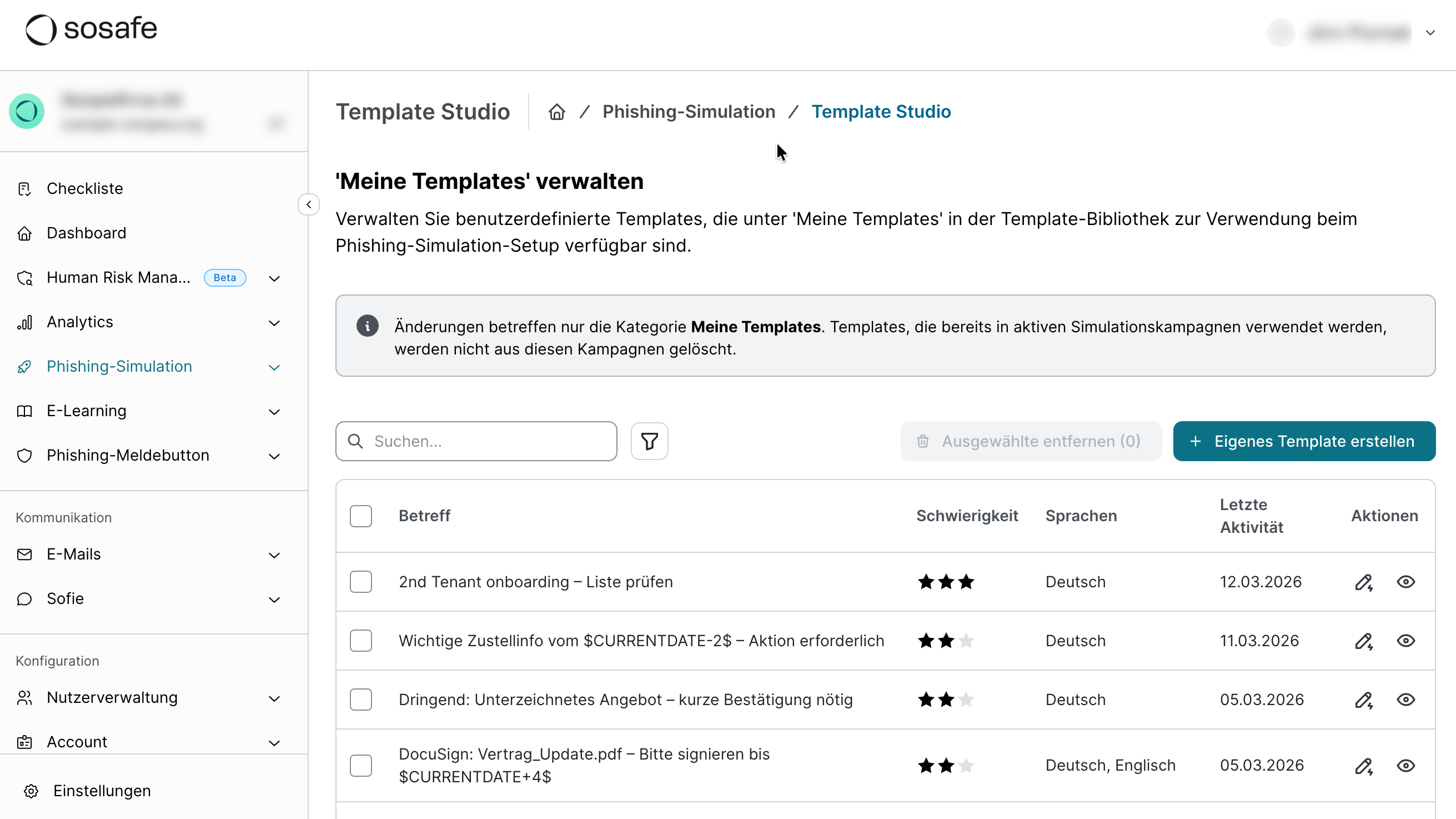 SoSafe Manager Template Studio, erreichbar über Phishing-Simulation, zeigt die Übersicht Meine Templates verwalten mit einer Tabelle für Betreff, Schwierigkeit, Sprachen und Aktionen, einem Suchfeld und der Schaltfläche Eigenes Template erstellen.