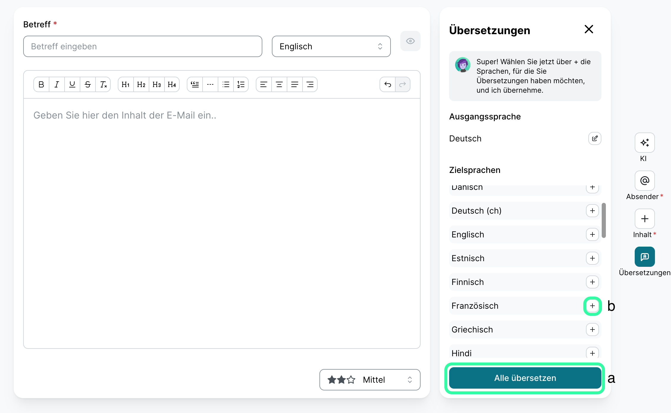 Übersetzungen-Menü im Template-Editor mit Ausgangssprache Deutsch und einer Liste von Zielsprachen zum Hinzufügen. Markiert sind die Schaltfläche Alle übersetzen sowie das Plus-Symbol neben Französisch, das nur diese eine Übersetzung startet.
