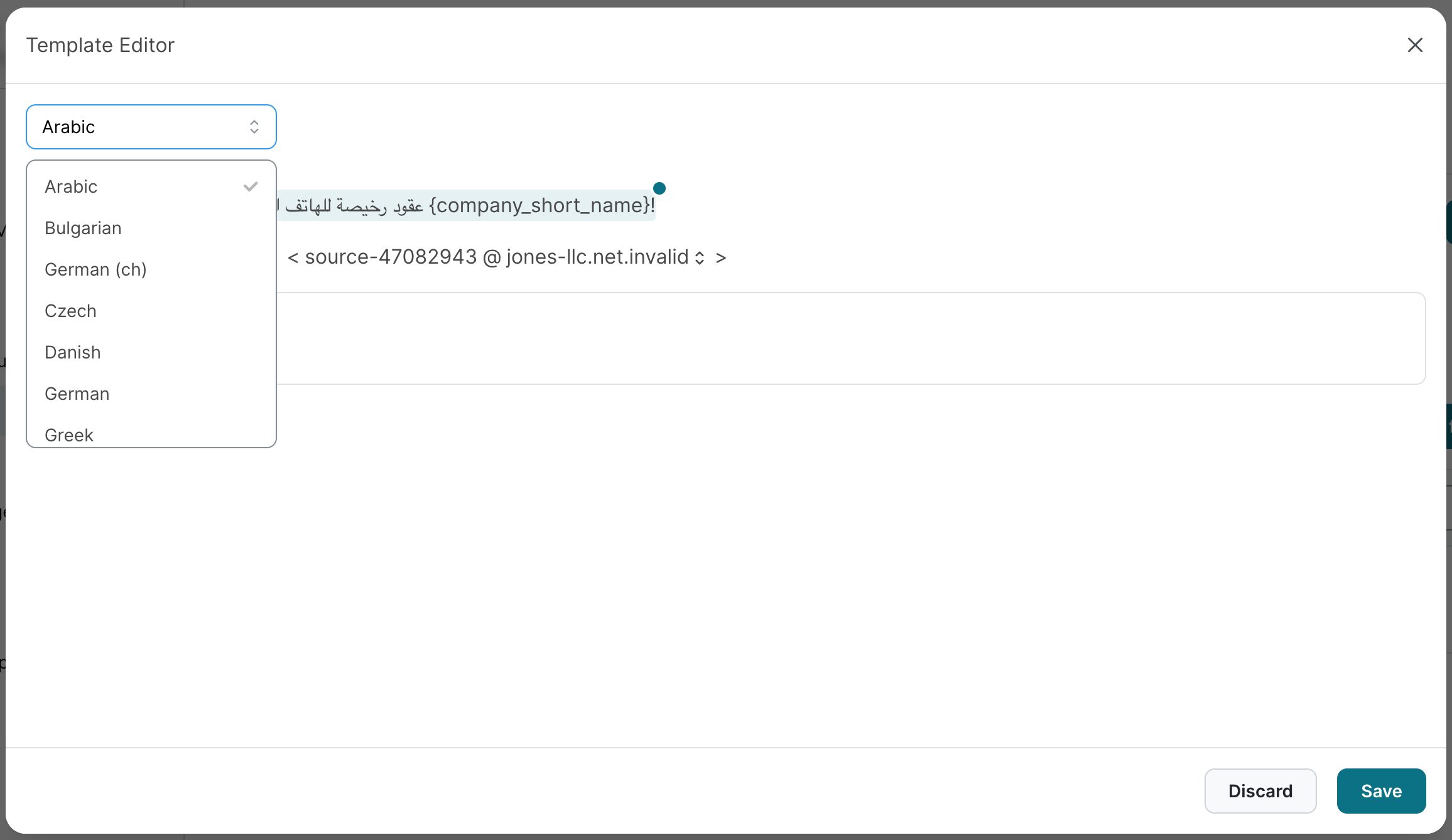 Dropdown-Menü für die Sprache im Template Editor, geöffnet mit markiertem Arabic sowie den weiteren verfügbaren Sprachen Bulgarian, German (ch), Czech, Danish, German und Greek, darüber die arabischsprachigen Betreff- und Absenderfelder des Templates.