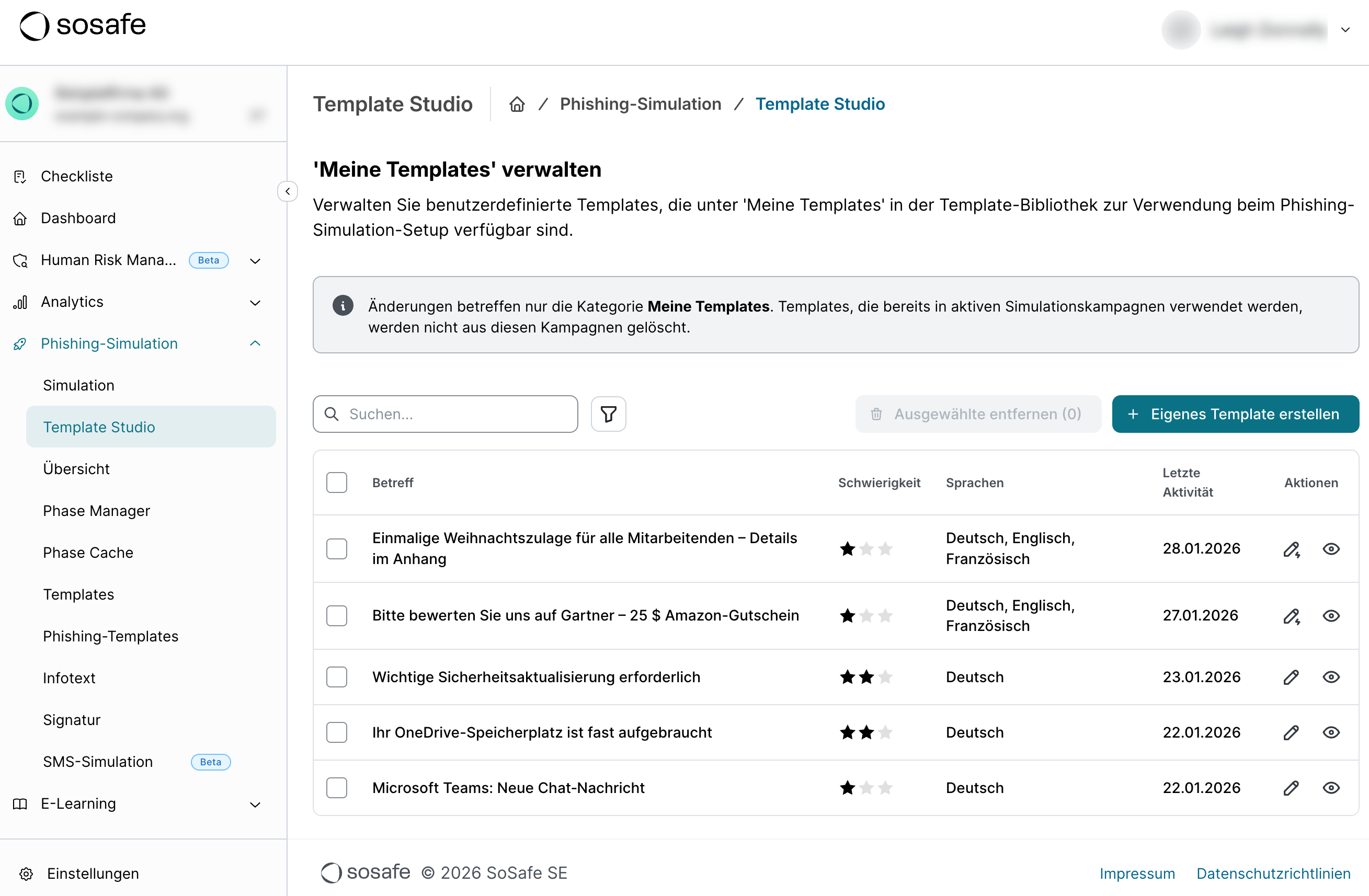 Template Studio im SoSafe Manager mit der Seite Meine Templates verwalten, einer Tabelle bestehender Templates mit den Spalten Betreff, Schwierigkeit, Sprachen, Letzte Aktivität und Aktionen, sowie der Schaltfläche Eigenes Template erstellen oben rechts.