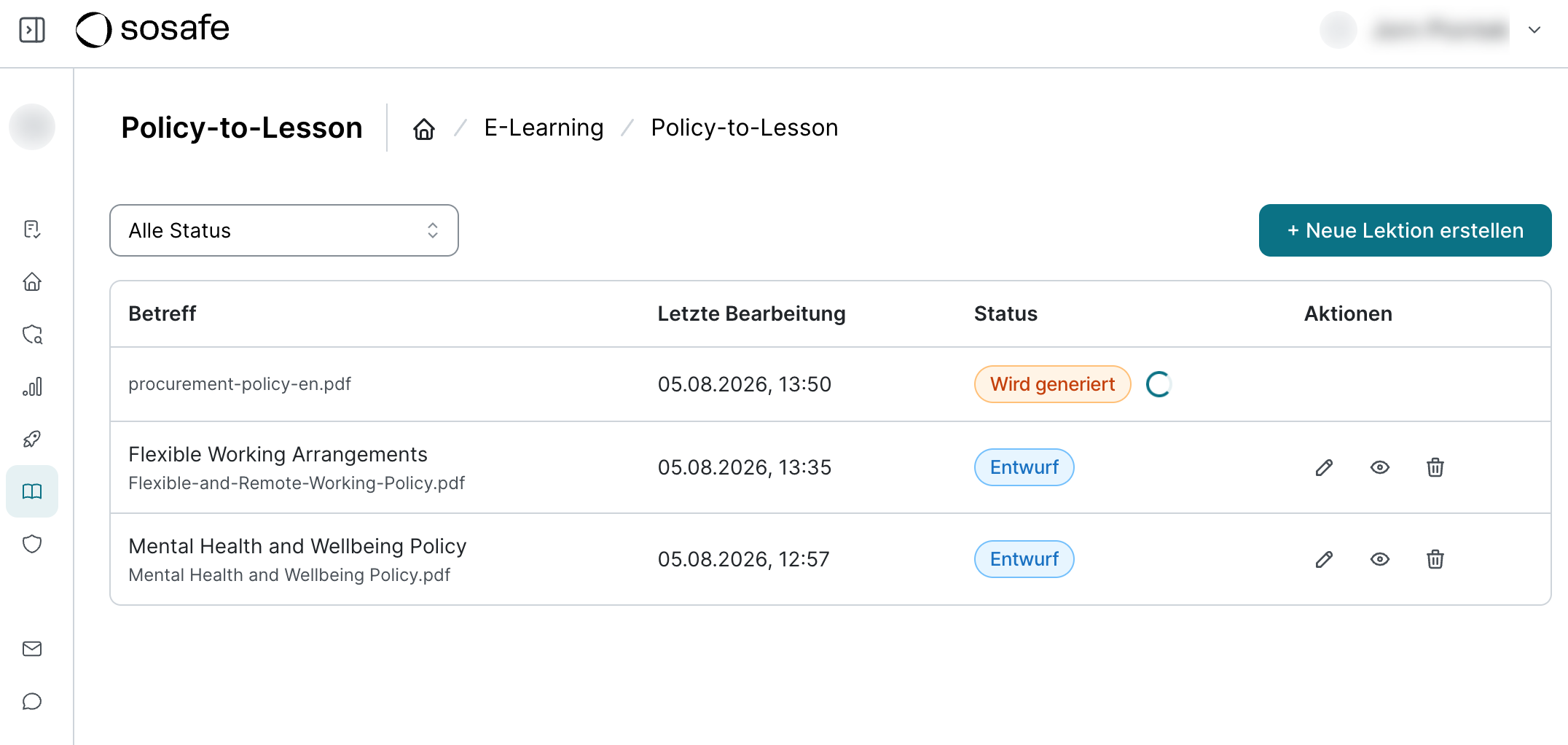 SoSafe Manager, Übersichtsseite Policy-to-Lesson unter E-Learning, mit einer Tabelle aus Betreff, Letzte Bearbeitung, Status und Aktionen. Eine Lektion zeigt den Status Wird generiert, oben rechts liegt die Schaltfläche Neue Lektion erstellen.