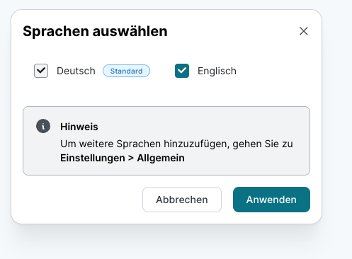 Dialogfenster Sprachen auswählen mit den aktivierten Kontrollkästchen Deutsch, markiert als Standard, und Englisch, sowie den Schaltflächen Abbrechen und Anwenden.