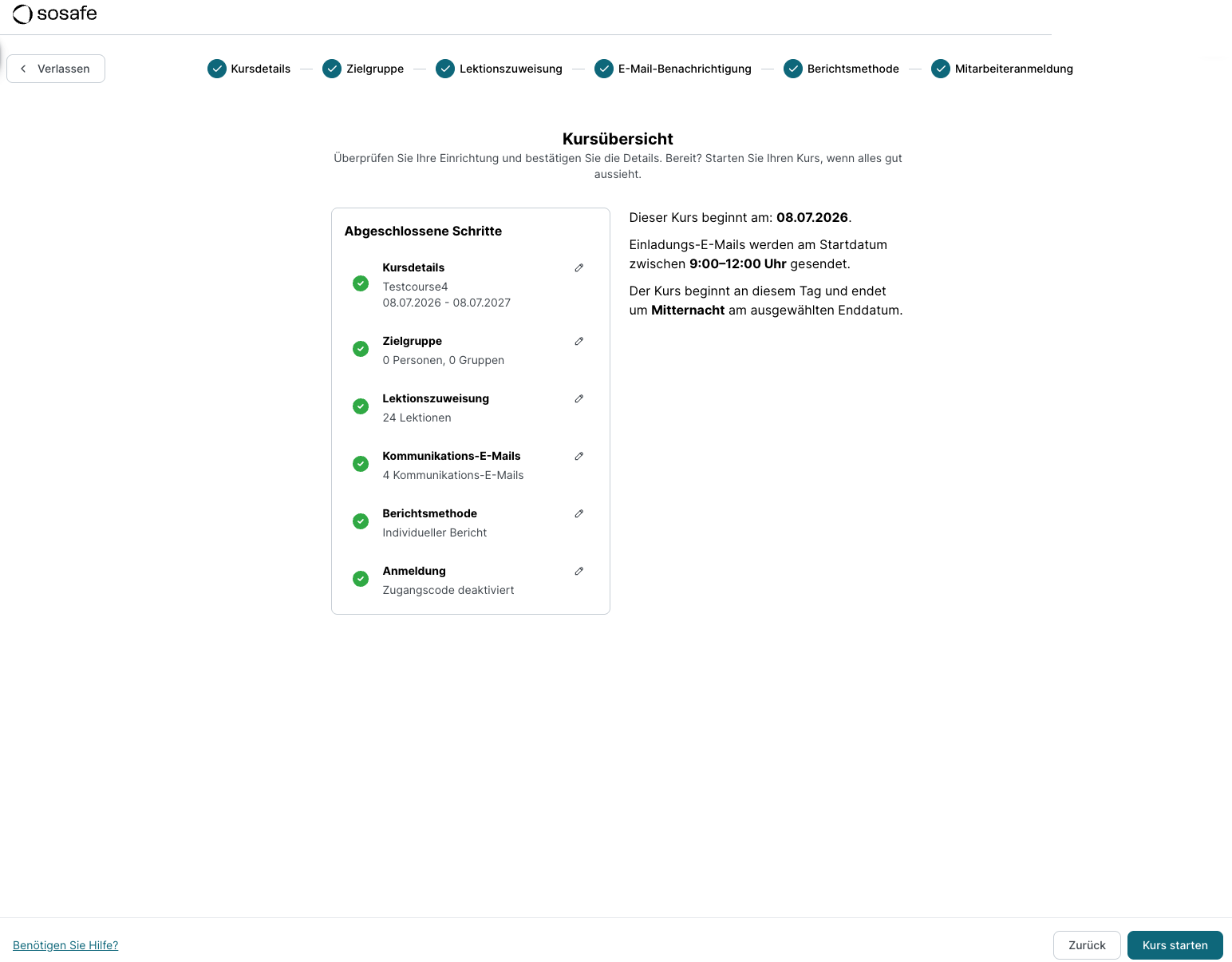 Kursübersicht am Ende des Erstellungsprozesses mit der Checkliste Abgeschlossene Schritte für Kursdetails, Zielgruppe, Lektionszuweisung, Kommunikations-E-Mails, Berichtsmethode und Anmeldung, sowie der Schaltfläche Kurs starten unten rechts.
