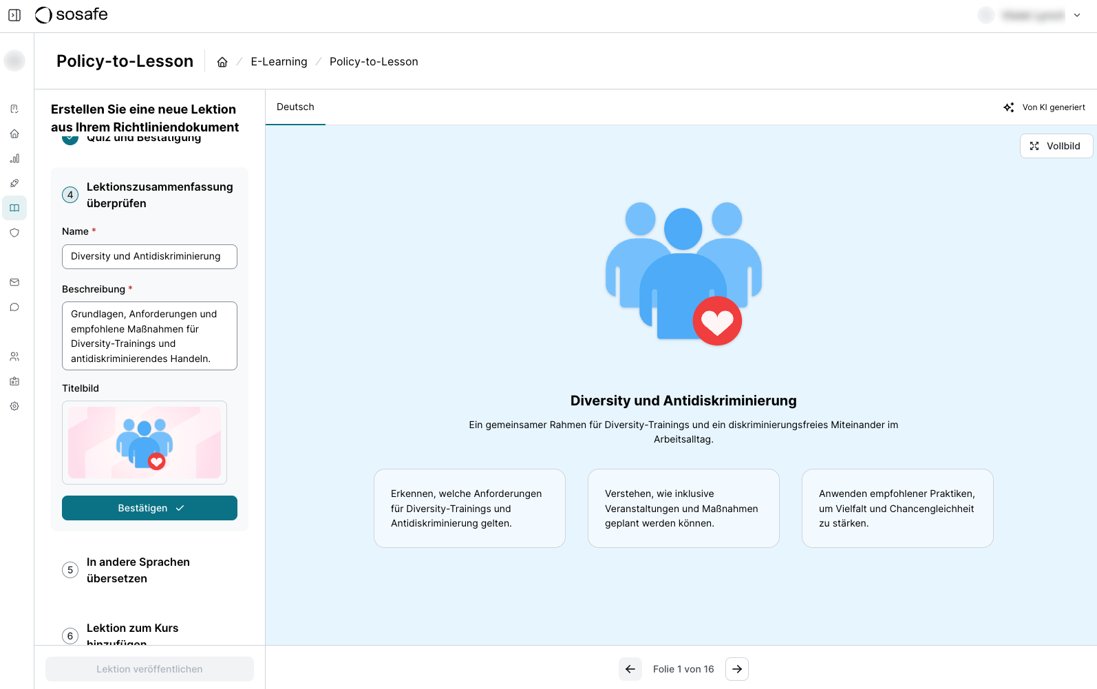 Schritt Lektionszusammenfassung überprüfen mit den ausgefüllten Feldern Name, Beschreibung und einem Titelbild-Vorschaubild, darunter die Schaltfläche Bestätigen.