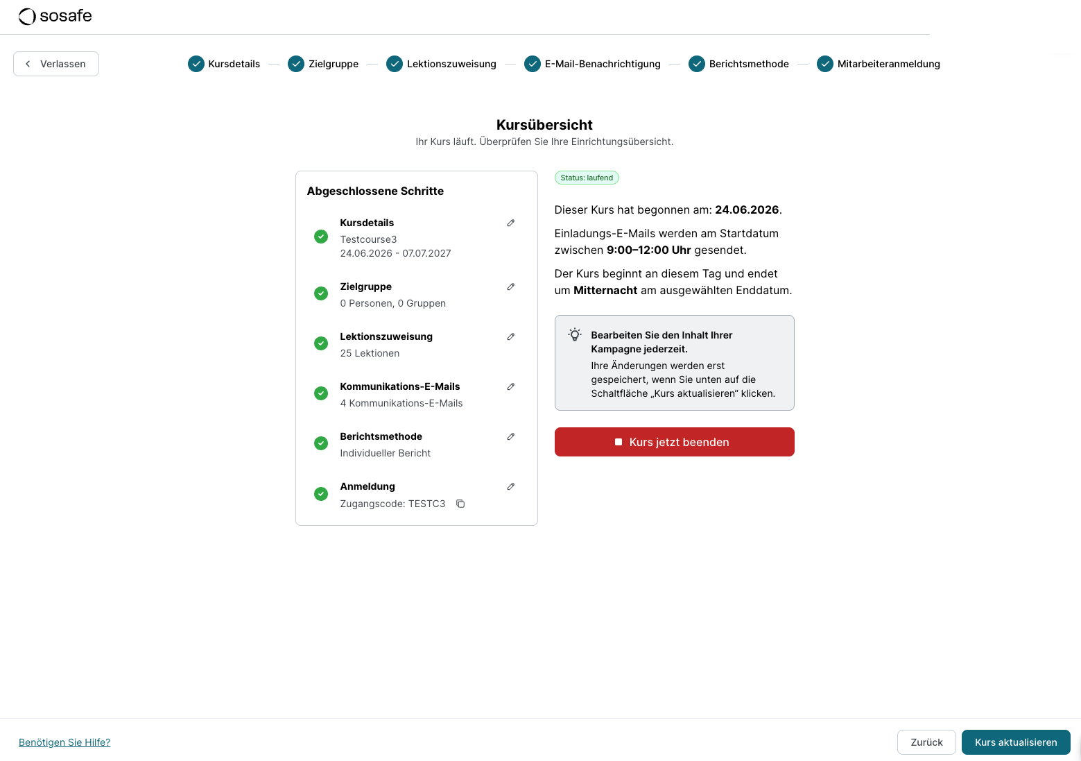 Kursübersicht eines laufenden Kurses mit dem Status-Hinweis Status: laufend, der roten Schaltfläche Kurs jetzt beenden und der Schaltfläche Kurs aktualisieren für weitere Änderungen.