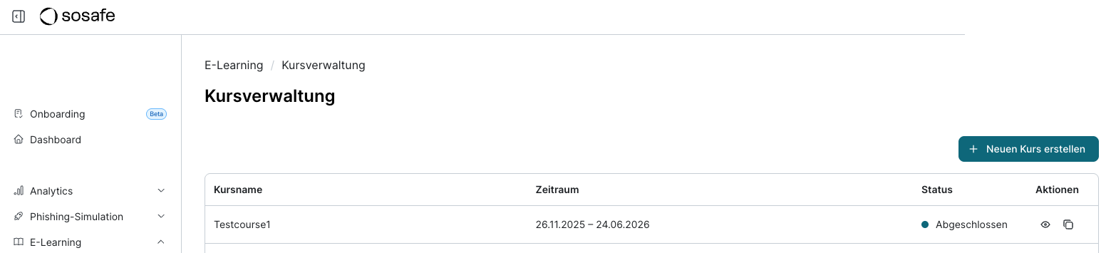 Ausschnitt der Kursverwaltungs-Tabelle mit der obersten Zeile für einen abgeschlossenen Kurs, mit dem Augen-Symbol und dem Duplizieren-Symbol in der Spalte Aktionen.