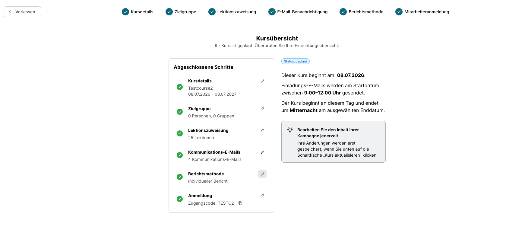 Kursübersicht eines geplanten Kurses mit dem Status-Hinweis Status: geplant und dem Hinweis, dass Änderungen erst nach Klick auf die Schaltfläche Kurs aktualisieren gespeichert werden.