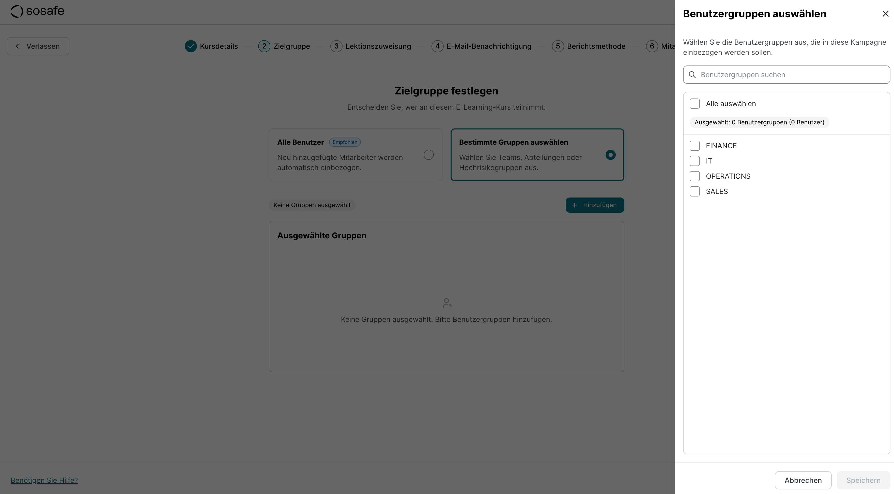 Dieselbe Zielgruppen-Seite, jetzt mit der Option Bestimmte Gruppen auswählen und dem geöffneten Auswahlfenster Benutzergruppen auswählen, das die Gruppen FINANCE, IT, OPERATIONS und SALES mit Kontrollkästchen zur Auswahl auflistet.