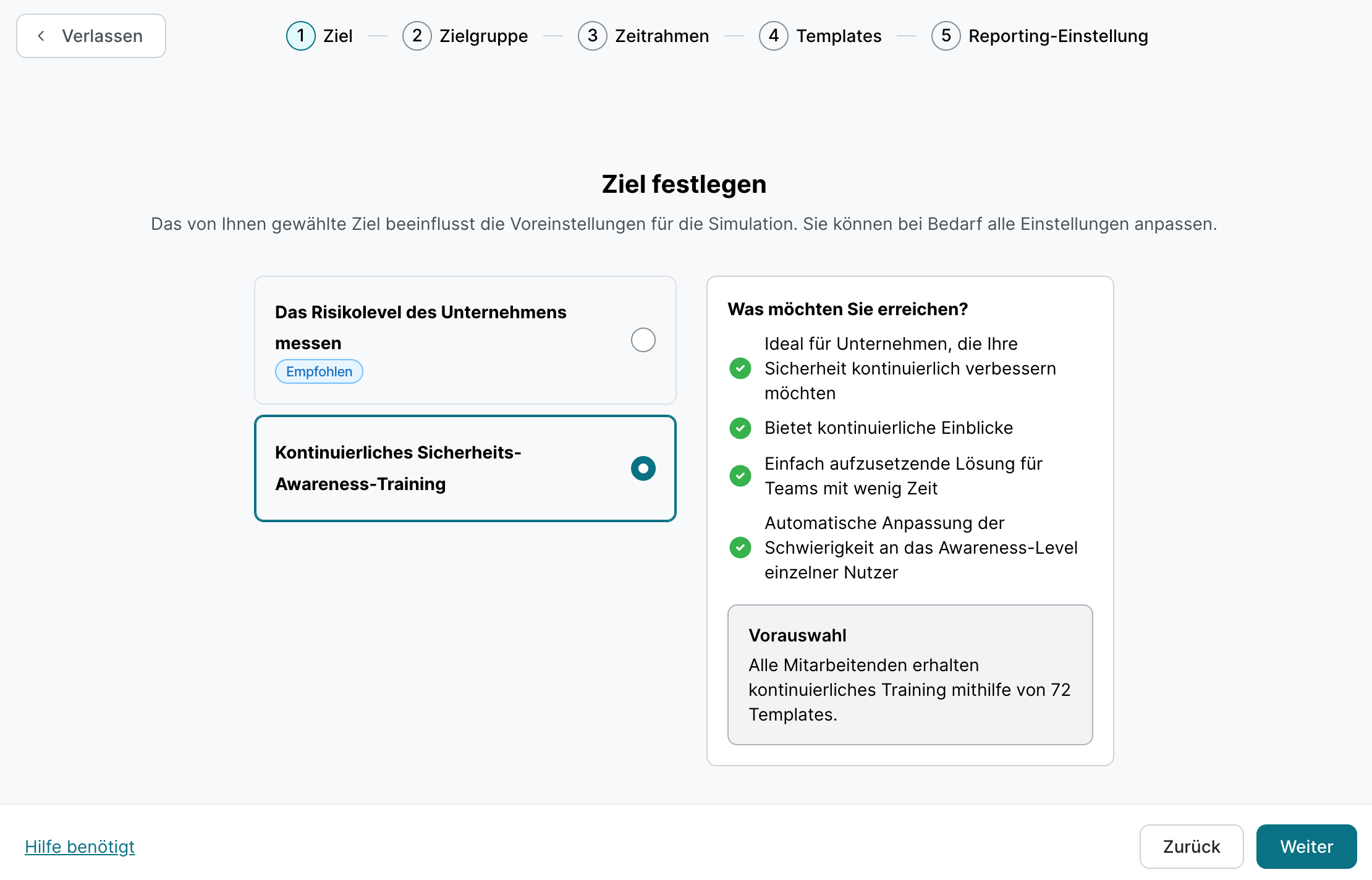 Derselbe Assistentenschritt Ziel festlegen, hier mit der Vorauswahl für kontinuierliches Training über 72 Templates sowie dem Hinweis auf eine automatische Anpassung der Schwierigkeit an das Awareness-Level einzelner Nutzer.