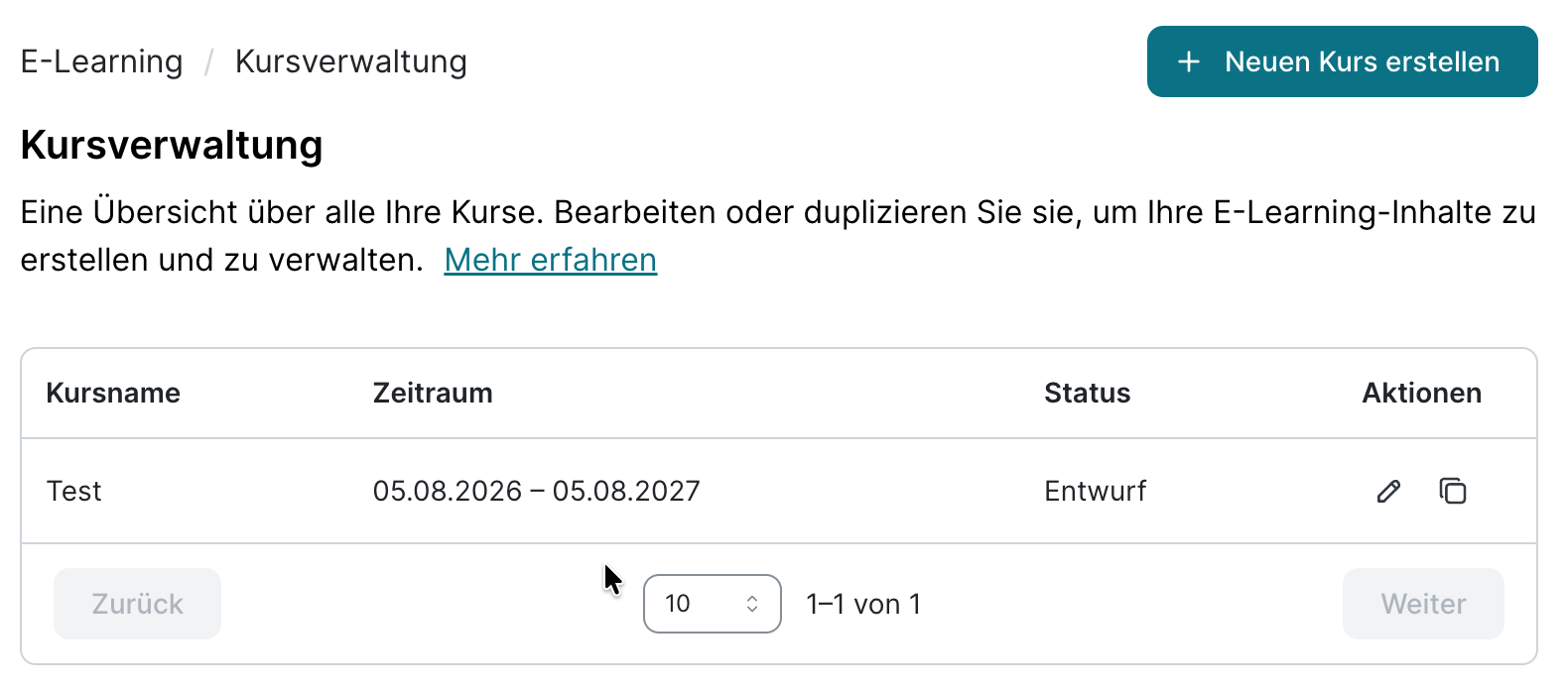 Ausschnitt der Kursverwaltungs-Seite mit dem Einleitungstext Eine Übersicht über alle Ihre Kurse und dem Link Mehr erfahren, darunter ein Testkurs im Status Entwurf in der Tabelle.