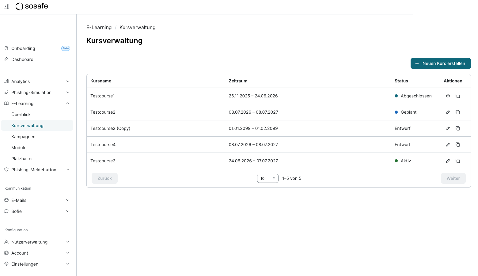 Kursverwaltungs-Tabelle mit dem neu duplizierten Kurs Testcourse2 (Copy) im Status Entwurf, direkt unterhalb des Originalkurses Testcourse2.