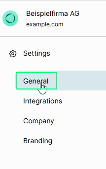 Submenú Settings de SoSafe Manager con General resaltado, listado encima de Integrations, Company y Branding.
