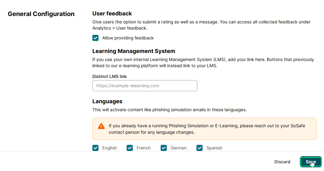 Página de configuración General de SoSafe Manager con la sección Languages mostrando inglés, francés, alemán y español habilitados, y el botón Save resaltado en la parte inferior derecha para aplicar los cambios.