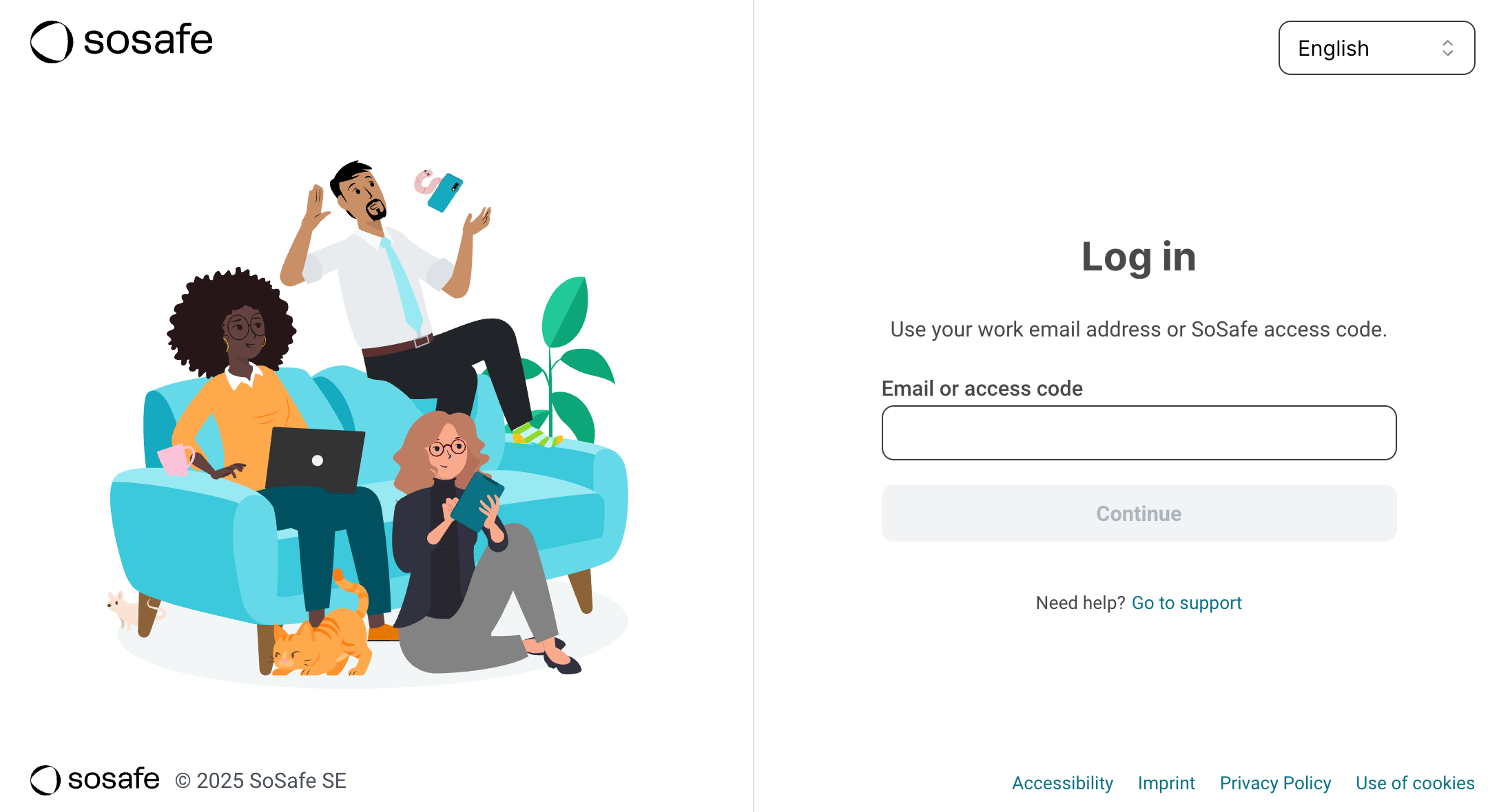 Página de inicio de sesión de SoSafe con una ilustración de compañeros de trabajo, y un panel de inicio de sesión que solicita una dirección de correo electrónico de trabajo o un código de acceso de SoSafe, con un botón Continuar y un enlace ¿Necesita ayuda? Ir a soporte.