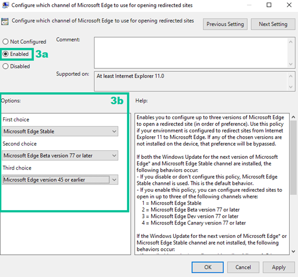Cuadro de diálogo de Group Policy para Configure which channel of Microsoft Edge to use for opening redirected sites, con Enabled marcado y el panel Options resaltado, donde se muestran los menús desplegables First, Second y Third choice configurados con distintas versiones de Microsoft Edge.