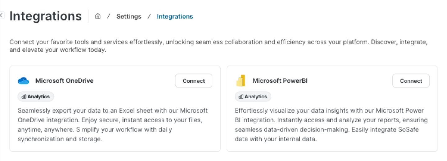 SoSafe Manager Settings, Integrations-pagina met de Microsoft OneDrive-kaart en de bijbehorende Connect-knop naast de Microsoft PowerBI-kaart, beide vermeld onder de categorie Analytics.