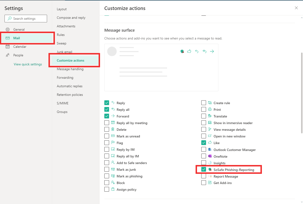 Page Customize actions des paramètres OWA sous Mail, avec la case SoSafe Phishing-Reporting cochée et mise en évidence dans la liste des actions Message surface, aux côtés d'autres actions sélectionnées telles que Reply, Reply all et Like.