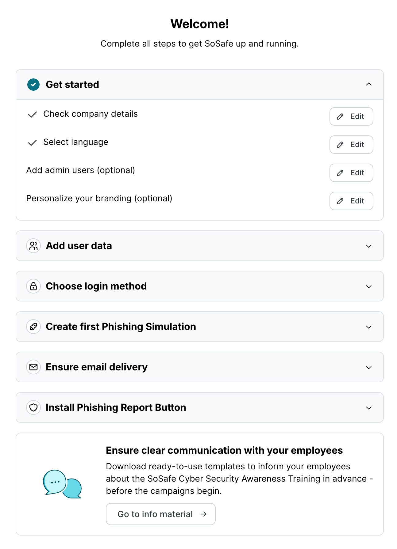 SoSafe Manager Onboarding-Dashboard met de sectie Aan de slag uitgevouwen, met voltooide stappen voor bedrijfsgegevens en taal, plus optionele stappen voor Admin users en Branding. Ingeklapte secties hieronder behandelen de resterende onboardingtaken, afgesloten met een paneel om communicatietemplates voor medewerkers te downloaden.