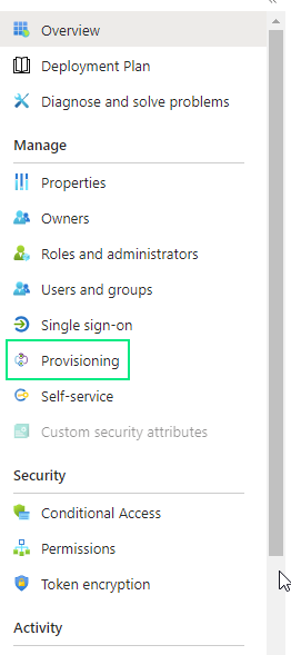 Menu de navigation gauche de l'application d'entreprise Microsoft Entra ID, avec Provisioning mis en évidence dans la section Manage, aux côtés de Single sign-on, Self-service et Properties.