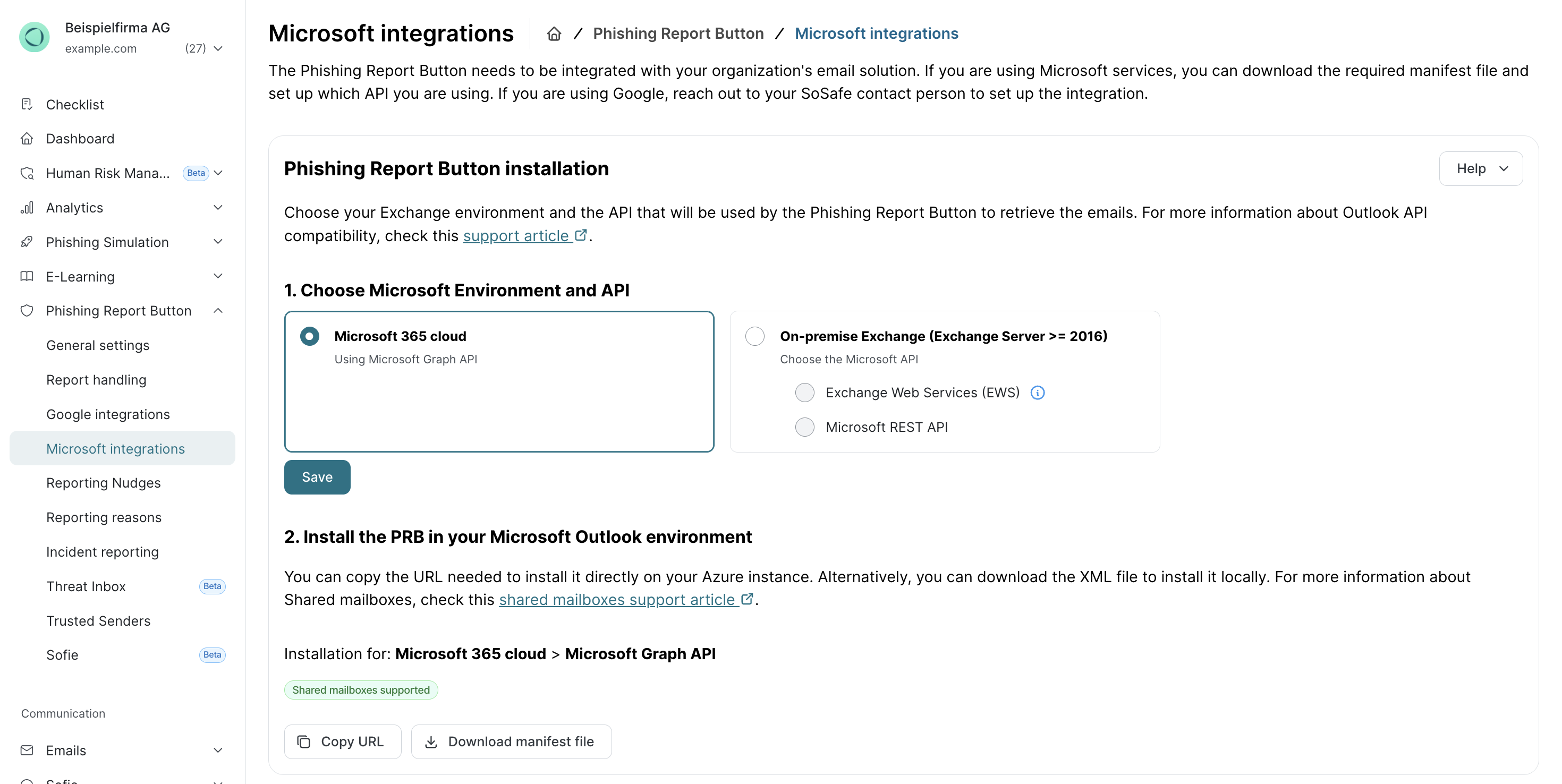 Page des Intégrations Microsoft du SoSafe Manager avec l'environnement cloud Microsoft 365 sélectionné, utilisant Microsoft Graph API, à côté de l'option Exchange On-Premise. En dessous, les boutons Copier l'URL et Télécharger le fichier manifeste pour installer le bouton, avec la prise en charge des boîtes aux lettres partagées.