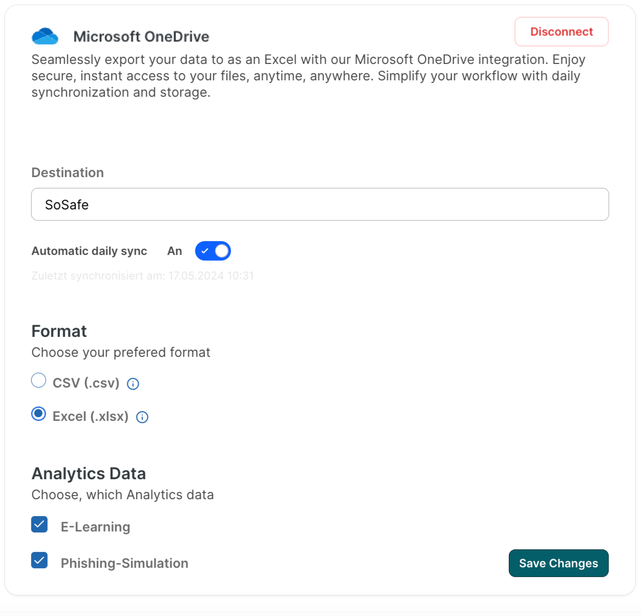 Panel de configuración de la integración de OneDrive con Destination establecido en SoSafe, la sincronización diaria automática activada y Excel seleccionado en Format junto a la opción CSV, con E-Learning y Phishing Simulation marcados en Analytics Data.