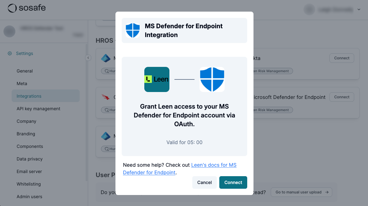 Diálogo de integración de MS Defender for Endpoint que muestra los iconos de Leen y Microsoft Defender vinculados, con texto que otorga acceso a Leen mediante OAuth, una cuenta regresiva de validez de cinco minutos y los botones Cancel y Connect.