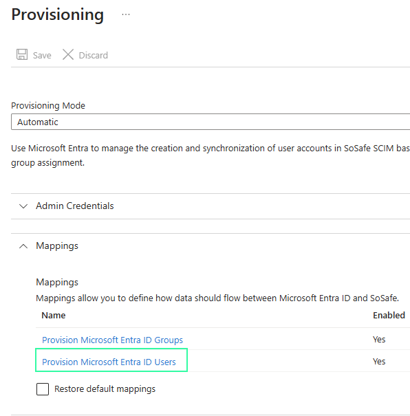Página de Provisioning de Microsoft Entra ID con la sección Mappings expandida, donde Provision Microsoft Entra ID Users aparece resaltado debajo de Provision Microsoft Entra ID Groups, junto a una casilla Restore default mappings.