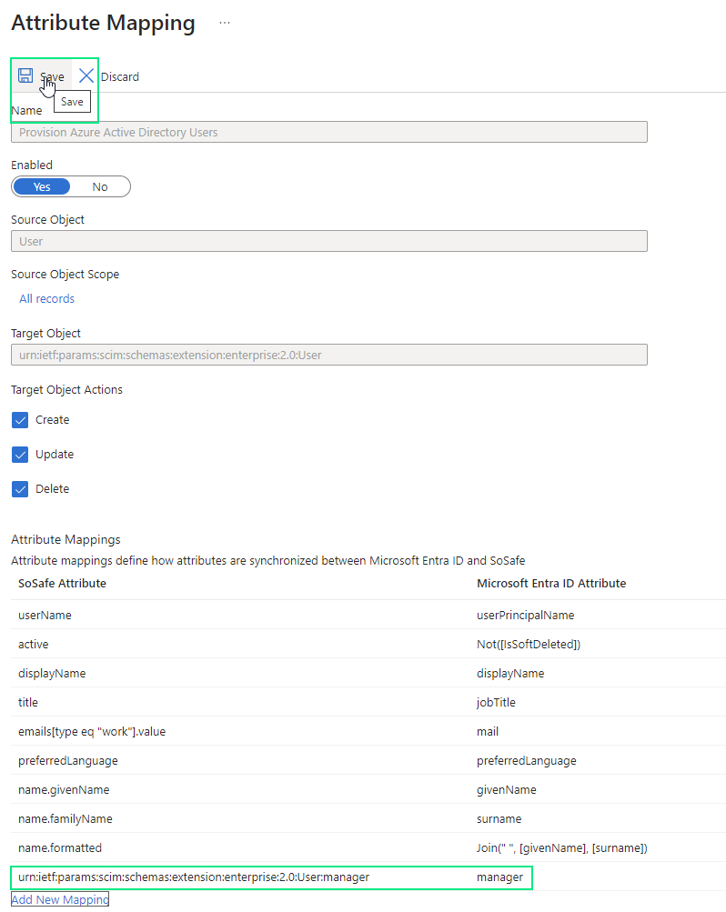 Página Attribute Mapping en Microsoft Entra ID con el botón Save resaltado en la parte superior, y la fila manager a manager recién añadida resaltada en la parte inferior de la tabla de asignaciones de atributos.