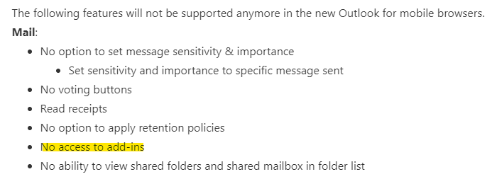 Liste des fonctionnalités qui ne sont plus prises en charge dans le nouvel Outlook pour les navigateurs mobiles, tirée de la documentation Microsoft, avec « Aucun accès aux compléments » mis en évidence en jaune. Les autres modifications incluent l'absence de boutons de vote, d'accusés de lecture et de vue de boîte aux lettres partagée.