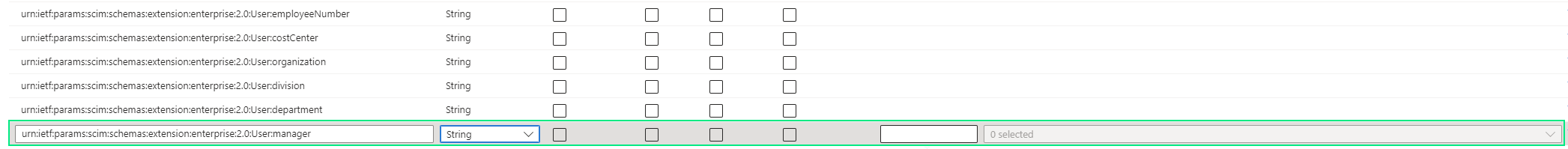 Dezelfde pagina Edit attribute list for SoSafe, nu met de rij voor het manager-attribuut ingesteld op type String in plaats van Reference, zonder geselecteerd gebruikersattribuut in het referentieveld.