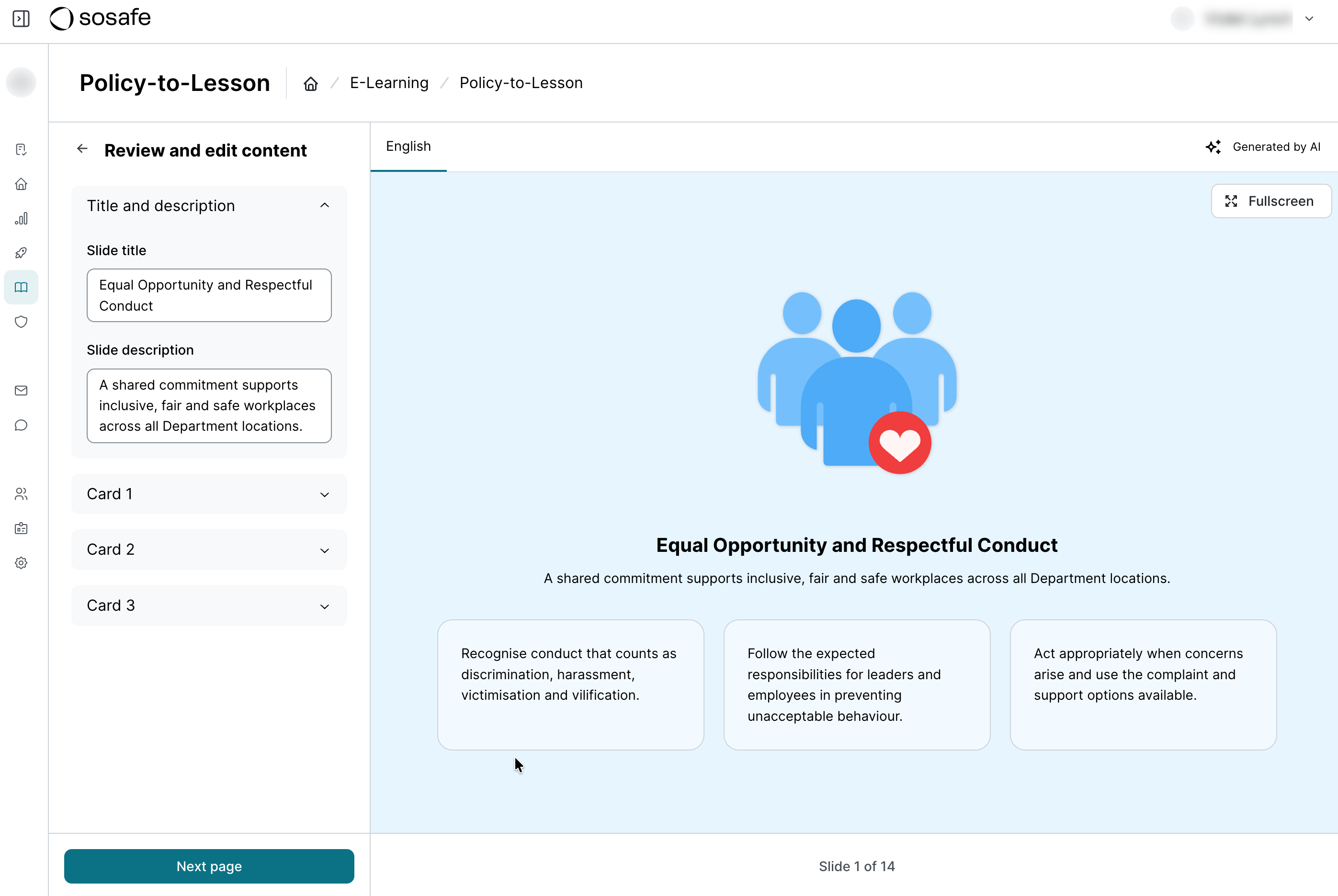 La misma vista previa de la lección tras seleccionar Start review, ahora con el panel Título y descripción expandido a la izquierda, mostrando los campos editables Título de la diapositiva y Descripción de la diapositiva, las secciones contraídas de Tarjeta 1 a 3 debajo, y un botón Next page.