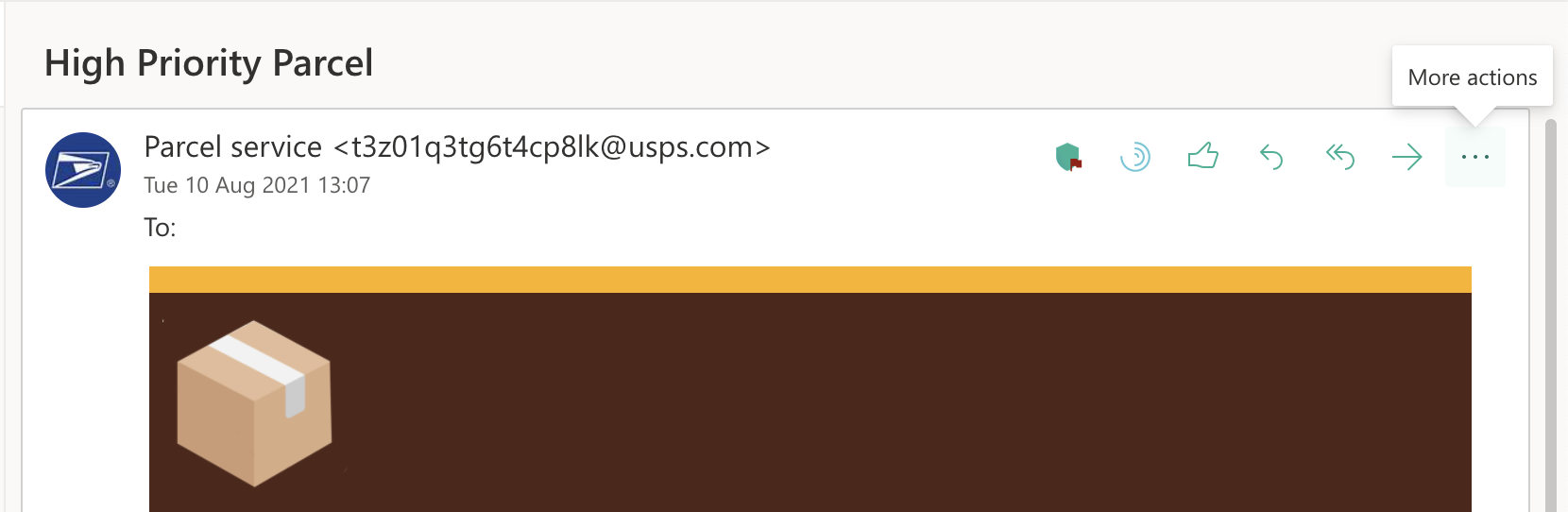 Een voorbeeld van een phishing-e-mail in Outlook Web App, met een groen Phishing Report Button-pictogram dat al is vastgemaakt in de werkbalk naast Sync, Like, Reply, Reply all, Forward en de ellips More actions.