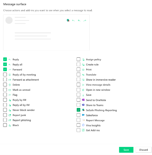 Section Message surface des paramètres Customize actions d'Outlook, listant les actions et compléments disponibles avec des cases à cocher, incluant SoSafe Phishing-Reporting déjà coché aux côtés de Répondre, Répondre à tous et Transférer.