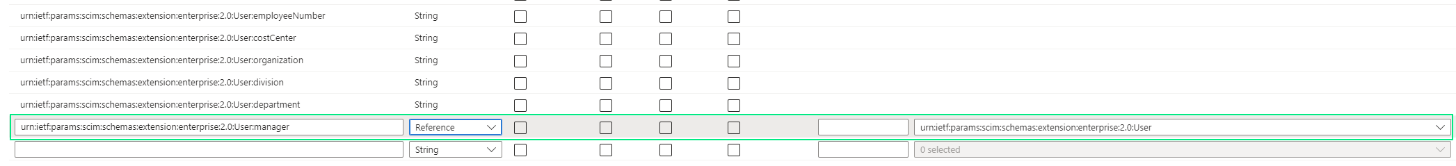 Pagina Edit attribute list for SoSafe met de rij voor het manager-attribuut gemarkeerd, ingesteld op type Reference en verwijzend naar het enterprise User-schema, vermeld onder String-type attributen zoals employeeNumber, costCenter en department.