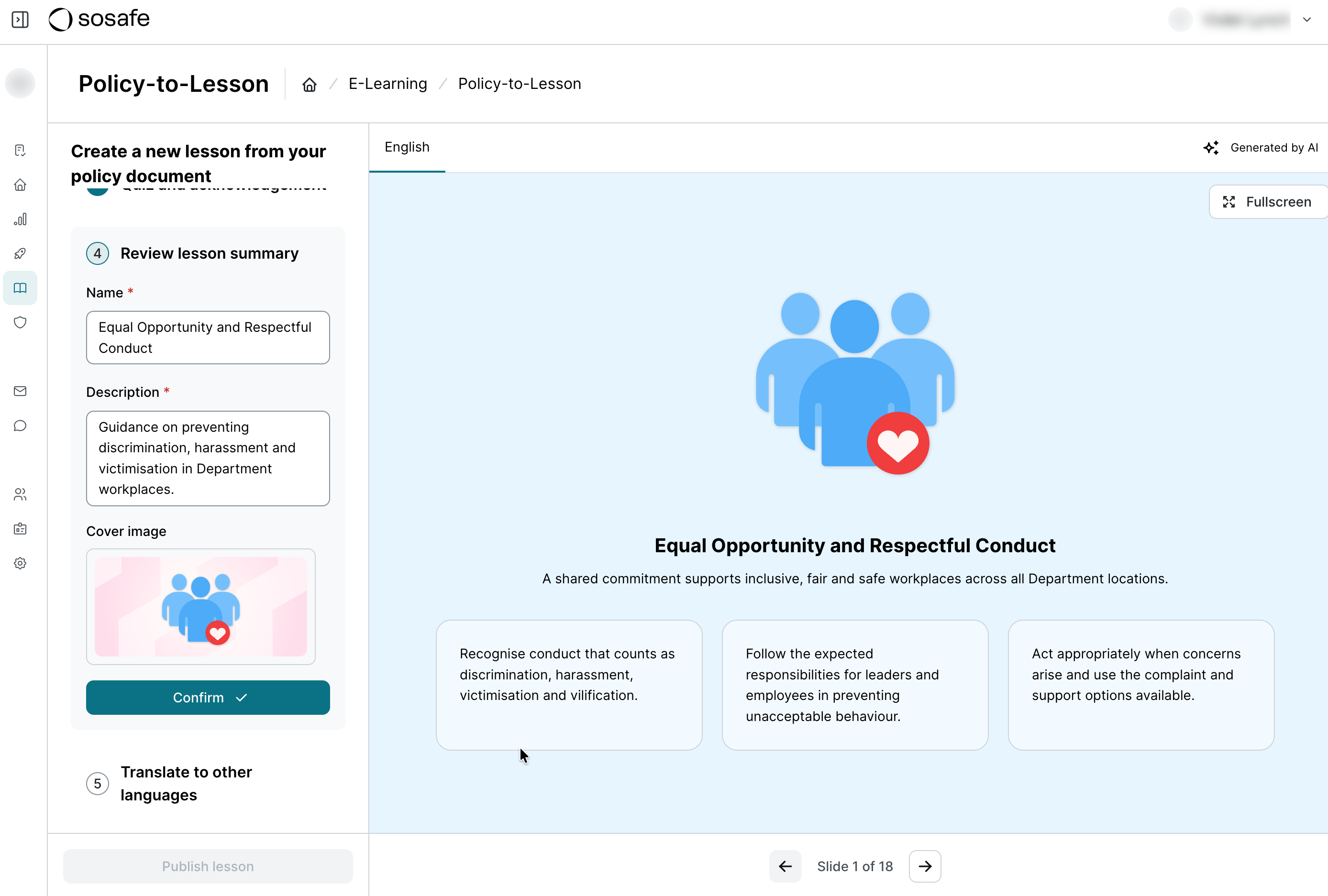 Étape de révision du résumé de la leçon Policy-to-Lesson, avec les champs modifiables Name et Description préremplis à partir du contenu de la politique, une miniature d'image de couverture, et un bouton Confirm pour passer aux traductions.