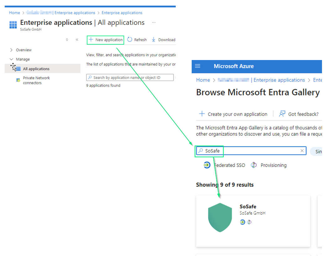 Página de aplicaciones empresariales de Azure con la opción Nueva aplicación marcada, junto a la búsqueda de SoSafe en la galería de Microsoft Entra, que muestra la tarjeta de la aplicación SoSafe con los iconos de SSO federado y aprovisionamiento.