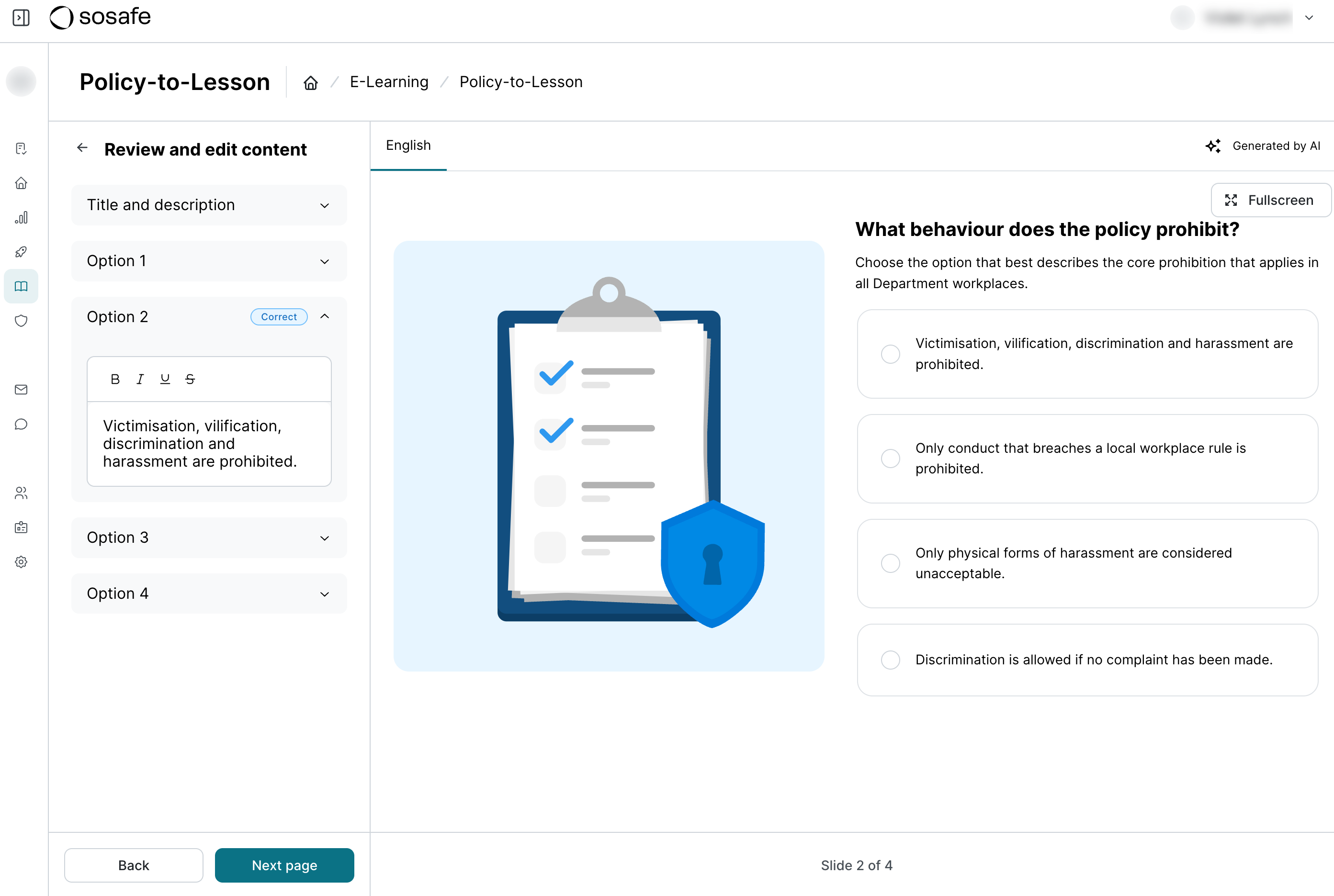 Quizreview van Policy-to-Lesson voor dia 2 van 4, met het bewerken van de vraag Welk gedrag verbiedt het beleid. Het linkerdeelvenster markeert Optie 2 als Correct, terwijl het hoofddeelvenster alle vier antwoordopties toont naast een illustratie van een klembord en schild.