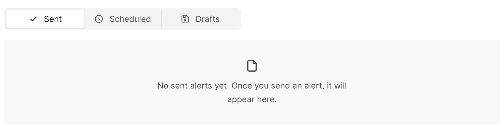 Vue d'ensemble des Instant Alerts avec les onglets Envoyées, Planifiées et Brouillons, l'onglet Envoyées sélectionné et un état vide indiquant qu'aucune alerte n'a encore été envoyée.
