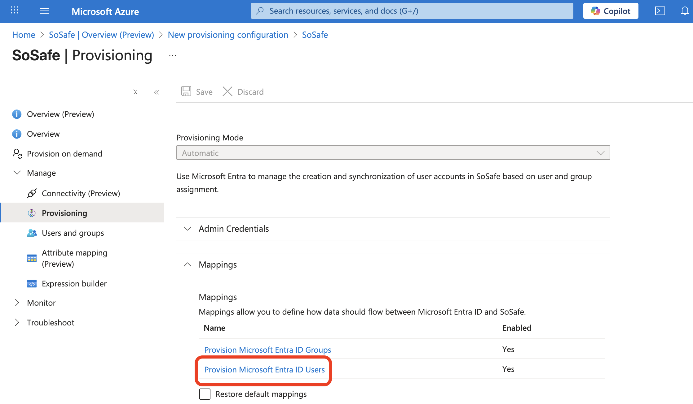 Microsoft Azure SoSafe Provisioning-pagina met de sectie Mappings uitgevouwen, met de toewijzingen Provision Microsoft Entra ID Groups en Provision Microsoft Entra ID Users, waarbij de tweede rood is gemarkeerd, beide ingeschakeld.
