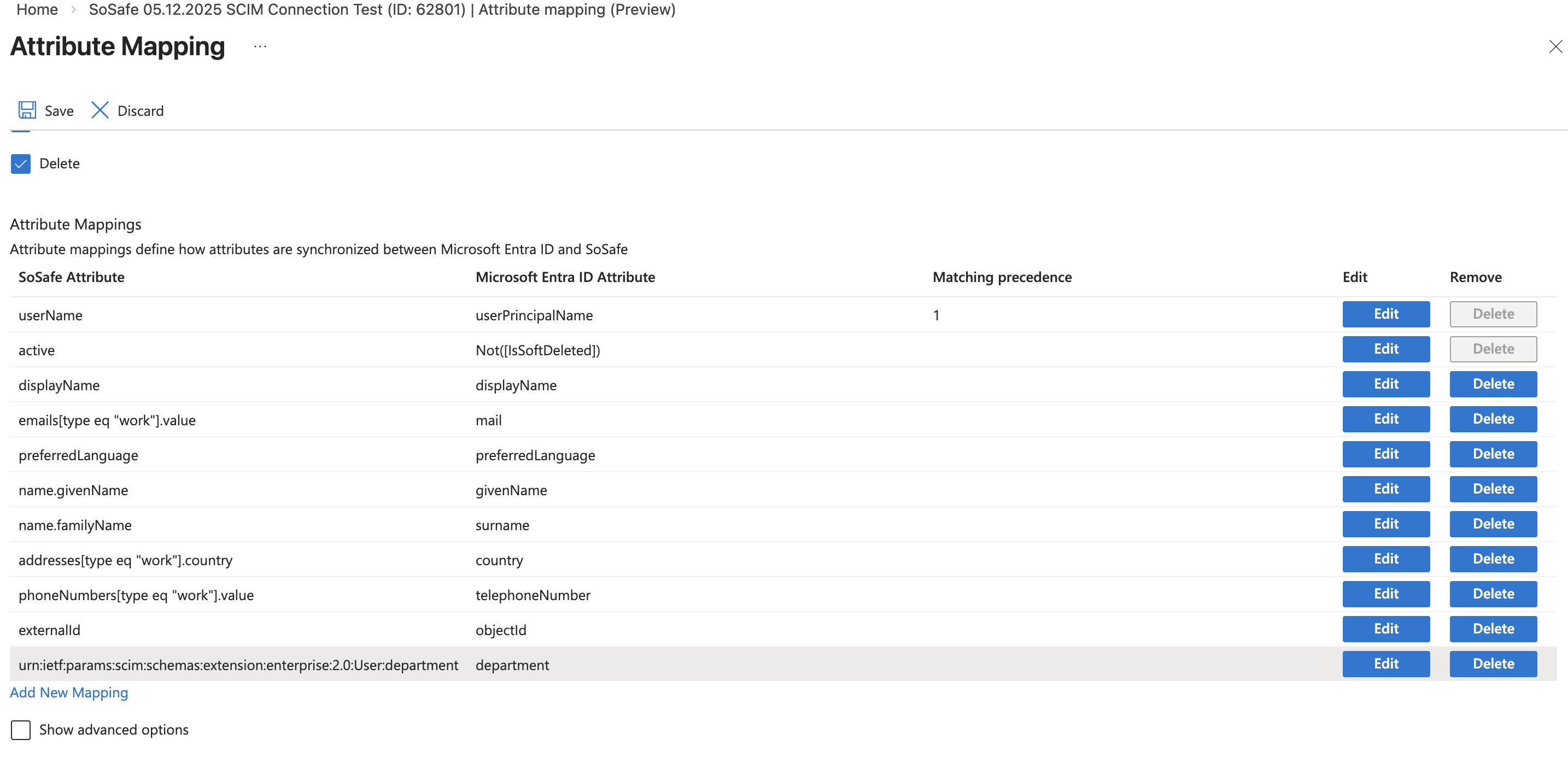 Pagina Attribute Mapping in Microsoft Entra ID met de kolommen SoSafe Attribute, Microsoft Entra ID Attribute en Matching precedence, met toewijzingen zoals userName naar userPrincipalName, displayName, email en department, met Edit- en Delete-besturingselementen per rij.