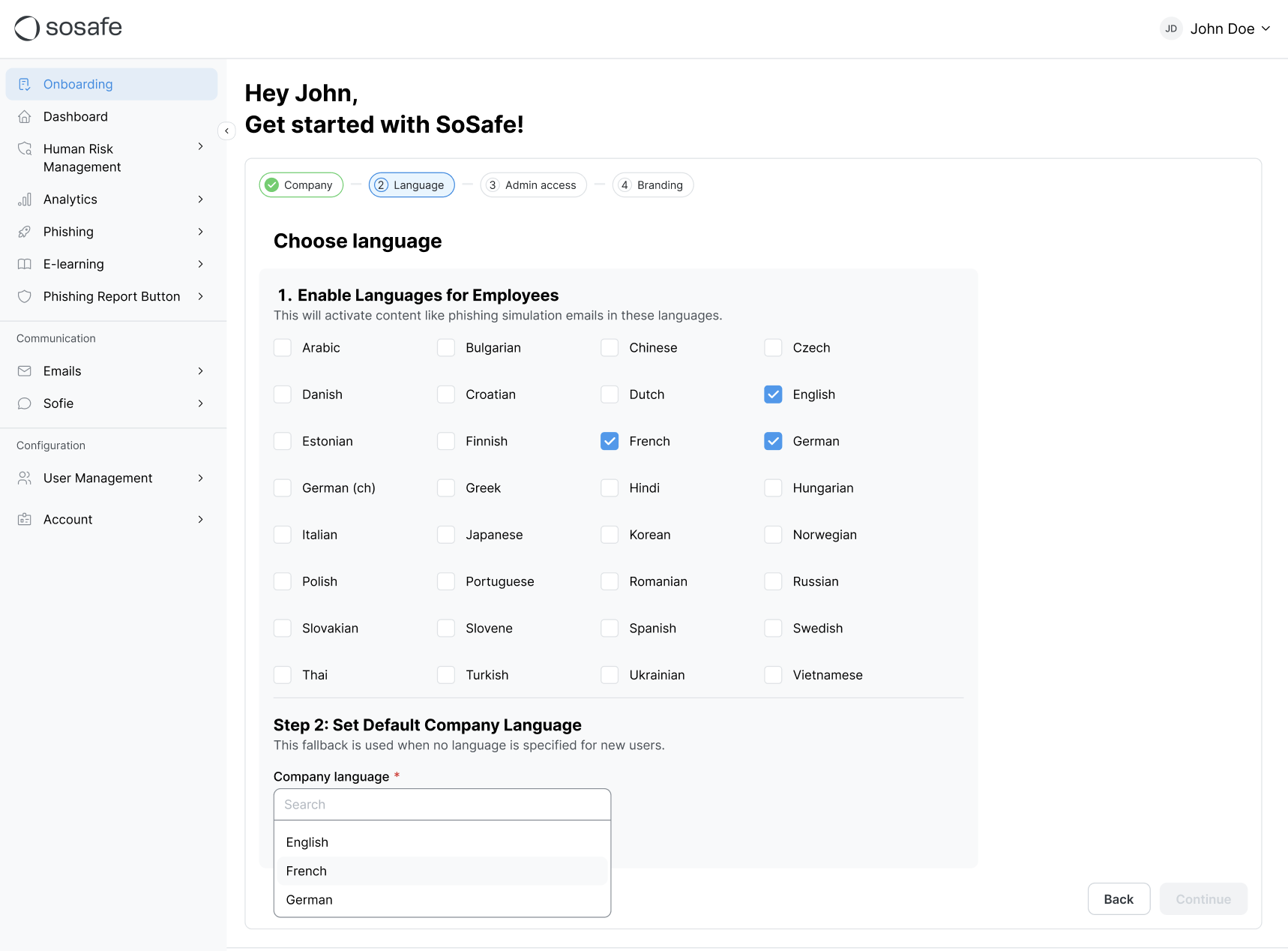 Dezelfde onboardingwizard op de stap Language, met Engels, Frans en Duits aangevinkt in het raster Enable languages for employees, en een vervolgkeuzelijst Company language open met Engels, Frans en Duits als opties.