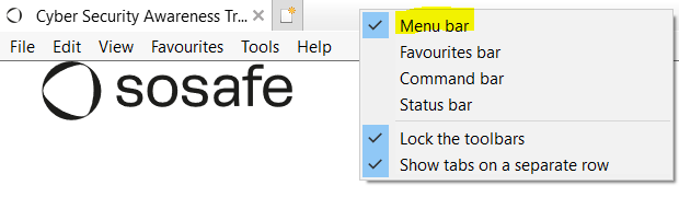 Contextmenu van de werkbalk van Internet Explorer met Menubalk aangevinkt en geel gemarkeerd, boven de opties Favorietenbalk, Opdrachtbalk en Statusbalk.