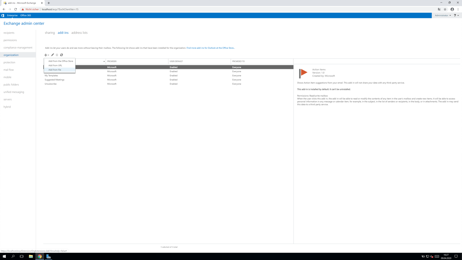 Exchange admin center op het tabblad Add-Ins onder Organization, met het menu van het toevoegpictogram geopend. De opties Add from the Office Store, Add from URL en Add from file zijn zichtbaar. De bestaande lijst met invoegtoepassingen bevat Action Items, Bing Maps en My Templates.