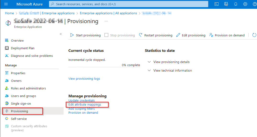 Página de aprovisionamiento de Microsoft Entra ID Enterprise Application, con Edit attribute mappings marcado en rojo bajo Manage provisioning. La navegación izquierda muestra Provisioning seleccionado, junto con Single sign-on y Self-service.