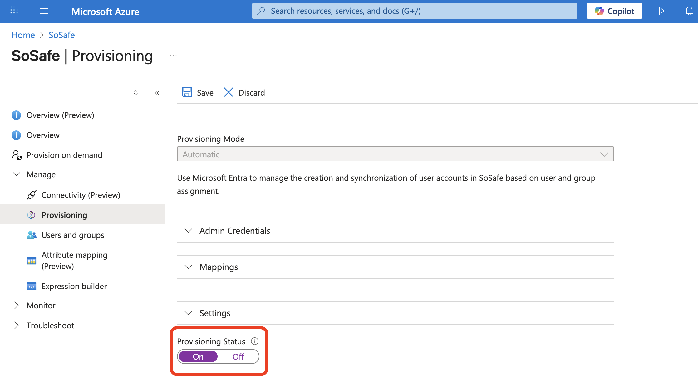 Page Microsoft Azure SoSafe Provisioning avec la section Settings développée et le bouton Provisioning Status encadré en rouge, défini sur On.