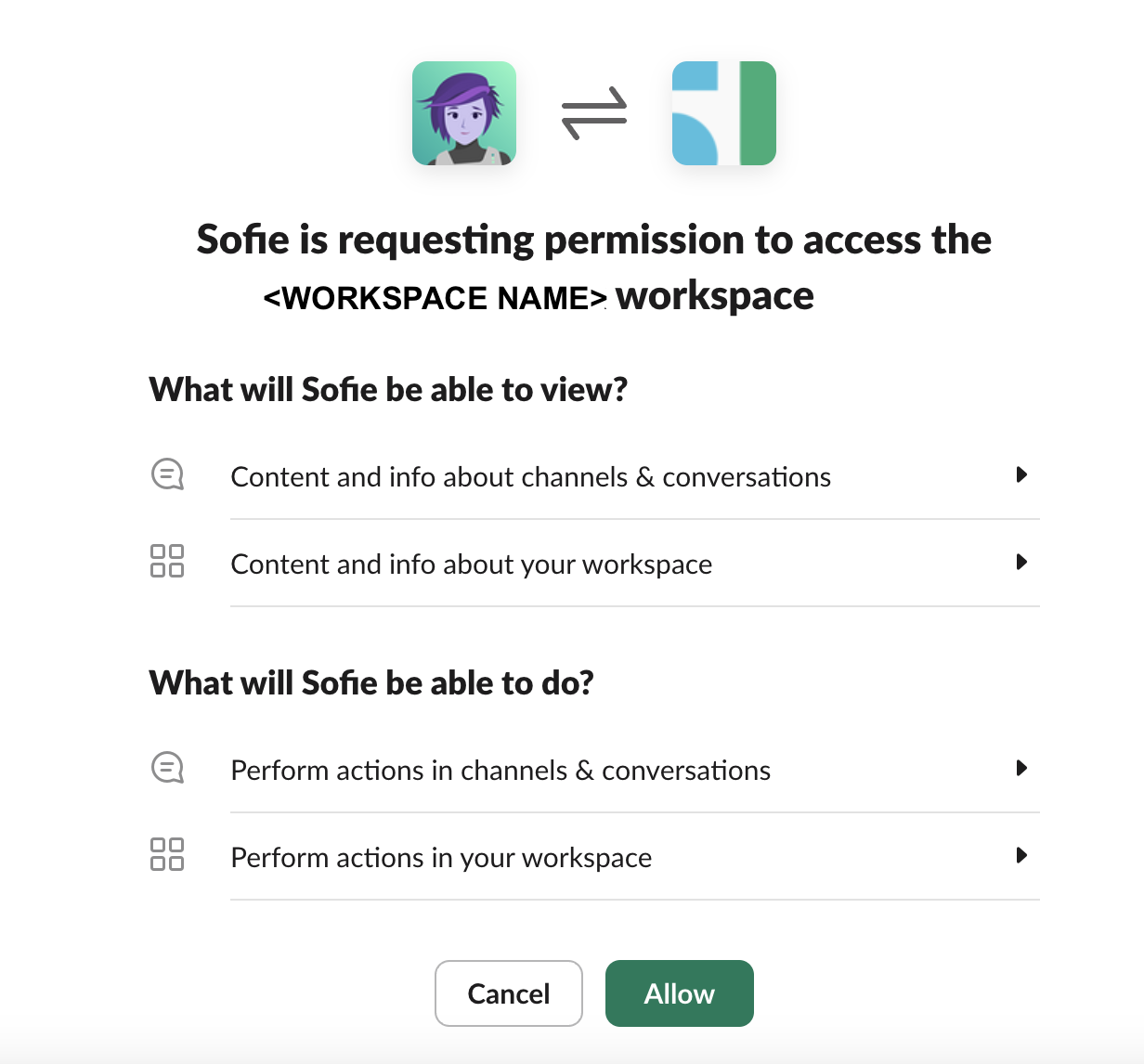 Fenêtre d'autorisation Slack intitulée Sofie demande l'autorisation d'accéder à l'espace de travail, listant ce que Sofie peut consulter et faire dans les canaux et l'espace de travail, avec les boutons Cancel et Allow.